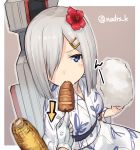  1girl anger_vein blue_eyes corn cotton_candy flower food hair_flower hair_ornament hair_over_one_eye hairclip hamakaze_(kantai_collection) japanese_clothes kantai_collection kimono looking_at_viewer machinery short_hair silver_hair simple_background solo_focus spitfire99 squid sucking twitter_username yukata 