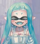  1girl apron bangs blue_hair blue_tongue blunt_bangs blush closed_eyes collarbone domino_mask fangs holding inkling lowres mask open_mouth pointy_ears pot purple_background smile splatoon tentacle_hair yousuke_(yosk) 
