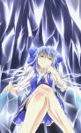  1girl blue_dress blue_eyes bow cirno collarbone crossed_legs dress hair_bow hand_on_own_cheek head_tilt highres ice ice_wings legs long_hair looking_at_viewer neck older ribbon shaded_face sitting smile solo throne touhou wings yrjxp065 