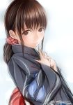  1girl brown_eyes brown_hair copyright_request finger_to_mouth from_side japanese_clothes kimono looking_at_viewer mole mole_under_eye nannacy7 ponytail smile upper_body 