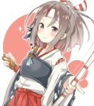  1girl b_allbrack bow_(weapon) brown_eyes brown_hair gloves headband japanese_clothes kantai_collection long_hair muneate ponytail smile solo weapon zuihou_(kantai_collection) 