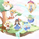  6+girls cherry_blossoms cirno clownpiece daiyousei fairy fairy_wings flying happy lily_white luna_child moon multiple_girls rainbow sitting smile star star_sapphire sunny_milk touhou tree wings 