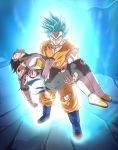  aura black_hair blood blood_from_mouth blue_eyes blue_hair boots bruise carrying closed_eyes dirty dragon_ball dragon_ball_z fuoore_(fore0042) gloves highres injury princess_carry son_gokuu super_saiyan super_saiyan_god_super_saiyan torn_clothes unconscious vegeta white_gloves wristband 