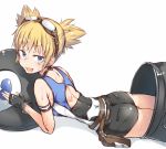  1girl :d animal_costume ass bangs blonde_hair fang goggles goggles_on_head granblue_fantasy lying on_stomach open_mouth pengi_(granblue_fantasy) penguin_costume short_hair short_twintails shorts smile solo spirytus_tarou sweat twintails 