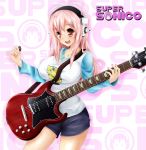  1girl absurdres anakin_sky_(utcc) blush breasts character_name electric_guitar guitar headphones highres instrument large_breasts long_hair looking_at_viewer nitroplus open_mouth pink_hair plectrum red_eyes smile solo super_sonico 