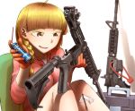  1girl assault_rifle blonde_hair braid brown_eyes cleaning didloaded gloves gun long_hair m4_carbine original rifle shadow simple_background sitting solo weapon white_background 