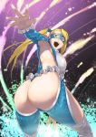  1girl armpits ass blonde_hair blue_eyes breasts foreshortening jack_hamster large_breasts leotard long_hair mask open_mouth rainbow_mika solo street_fighter thigh-highs twintails 