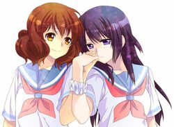  2girls brown_eyes brown_hair hibike!_euphonium holding_hands interlocked_fingers kousaka_reina multiple_girls oumae_kumiko purple_hair school_uniform serafuku simple_background tama_two_(fukuya) upper_body violet_eyes white_background wrist_cuffs yuri 