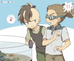  !! 2boys brown_hair dated fudou_akio goggles grin hairlocs inazuma_eleven inazuma_eleven_(series) kidou_yuuto male_focus multicolored_hair multiple_boys musical_note open_mouth quaver saku_anna sea_cucumber simple_background smile spoken_musical_note starfish sweat two-tone_hair 