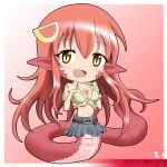  1girl :d breasts character_name chibi cleavage copyright_name full_body hair_ornament hairclip lamia long_hair miia_(monster_musume) monster_girl monster_musume_no_iru_nichijou navel open_mouth pointy_ears redhead rikuto_kemo scales shirt skirt slit_pupils smile solo tied_shirt yellow_eyes 