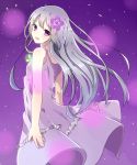  1girl bangs blush commentary_request dress flower glowing hair_flower hair_ornament long_hair looking_at_viewer miu_(re;member) open_mouth purple_hair re;member sidelocks solo violet_eyes 