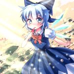  1girl blue_dress blue_eyes blue_hair bow cirno dress hair_bow ice ice_wings popsicle puffy_short_sleeves puffy_sleeves shirt short_sleeves solo touhou volcano_(liao) watermelon_bar wings 
