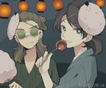  2boys brown_hair candy_apple cotton_candy dated fudou_akio goggles grin hairlocs inazuma_eleven_(series) inazuma_eleven_go japanese_clothes kidou_yuuto kimono lantern long_hair male_focus mask multiple_boys older paper_lantern saku_anna smile yukata 