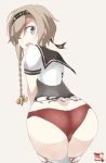  1girl ;o anchor_symbol ass bangs braid butt_crack clothes_writing corset dimples_of_venus from_behind hair_between_eyes hair_ornament hairband kantai_collection lavender_eyes light_brown_hair long_hair looking_back no_pants one_eye_closed panties puffy_short_sleeves puffy_sleeves red_panties school_uniform serafuku short_sleeves simple_background skindentation solo souji teruzuki_(kantai_collection) thigh-highs torn_clothes torn_thighhighs twin_braids underwear white_legwear 