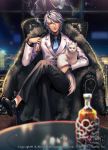  alcohol alnilam animal_on_lap black_shoes cat chair cigarette copyright_name crossed_legs formal fur_trim heterochromia looking_at_viewer necktie shoes silver_hair sitting smoking suit unleashed violet_eyes 
