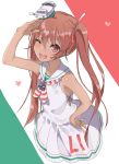  1girl brown_eyes brown_hair hair_ribbon heart highres kantai_collection libeccio_(kantai_collection) long_hair mugcup one_eye_closed open_mouth ribbon sailor_dress salute sleeveless smile solo twintails 