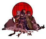  5boys alternate_eye_color black_hair blue_eyes brown_hair geta highres hiiragi_fuyuki ima-no-tsurugi ishikirimaru iwatooshi japanese_clothes kogitsunemaru male_focus mikazuki_munechika multiple_boys red_eyes redhead sayagata sitting slit_pupils smile tengu-geta touken_ranbu white_hair 