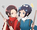  2boys ;t black_hair blue_eyes bow brown_hair hair_bow japanese_clothes kashuu_kiyomitsu male_focus mole mole_under_eye mole_under_mouth multiple_boys nightcat one_eye_closed ponytail red_eyes scarf squiggle touken_ranbu yamato-no-kami_yasusada 