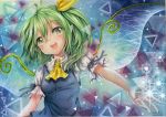  1girl arm_ribbon ascot blue_dress daiyousei dress fairy_wings green_eyes green_hair hair_ribbon looking_at_viewer mosho open_mouth pointy_ears puffy_short_sleeves puffy_sleeves ribbon shirt short_sleeves side_ponytail smile solo touhou traditional_media upper_body watercolor_(medium) wings 