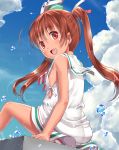  1girl brown_eyes brown_hair clouds dress fang from_behind hat kantai_collection libeccio_(kantai_collection) long_hair looking_back open_mouth panties rakkyou sitting sky sleeveless sleeveless_dress smile solo striped striped_panties underwear 