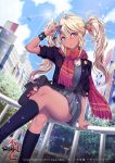  1girl absurdres bag blonde_hair cellphone city clouds crossed_legs dark_skin dutch_angle food_themed_clothes furyou_michi_~gang_road~ hair_ornament highres jacket kneehighs lens_flare long_hair looking_at_viewer mo_sheng_ren official_art original phone school_bag school_uniform sitting skirt smartphone solo strawberry_hair_ornament sun thighs twintails violet_eyes 