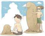  /\/\/\ 2boys barefoot bird blue_sky brown_hair clouds dated fudou_akio goggles hairlocs inazuma_eleven inazuma_eleven_(series) kidou_yuuto male_focus multiple_boys open_mouth outdoors penguin saku_anna sand sand_sculpture shirtless shorts simple_background sitting sky smile sparkle standing 