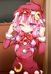  1girl alternate_costume blush crescent crescent_hair_ornament eyebrows_visible_through_hair female hagure_kedama hair_ornament hat hat_ornament one_eye_closed patchouli_knowledge purple_hair santa_costume santa_hat solo touhou violet_eyes wink 