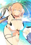  1girl :o beach bell bikini blush breasts cleavage cow_print grey_eyes headphones huge_breasts looking_at_viewer official_art orange_hair palm_tree senran_kagura senran_kagura_(series) senran_kagura_new_wave short_hair short_twintails solo swimsuit tree twintails ushimaru_(senran_kagura) whip yaegashi_nan 