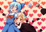  2girls blonde_hair blue_dress blue_eyes blue_hair blush bow cirno dress fang hair_bow hair_ribbon heart heart_background ice ice_wings licking_lips long_sleeves multiple_girls open_mouth puffy_short_sleeves puffy_sleeves red_eyes ribbon rumia shirt short_sleeves skirt skirt_set smile tongue tongue_out touhou vest volcano_(liao) wings 