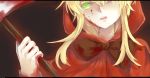  1girl akazukin_(akazukin_ds) akazukin_darkside artist_request axe bangs blonde_hair blood blood_on_face glowing glowing_eyes green_eyes highres holding holding_weapon hoodie little_red_riding_hood_(grimm) open_mouth sidelocks solo weapon 