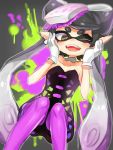  +_+ 1girl aori_(splatoon) black_hair blush breasts brown_eyes cleavage collarbone domino_mask earrings fangs food food_on_head hair_rings hands_on_own_cheeks hands_on_own_face jewelry long_hair mask object_on_head pantyhose pointy_ears purple_legwear solo splatoon sushi suurin_(ksyaro) symbol-shaped_pupils tentacle_hair unitard 