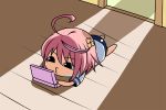  :3 black_eyes chibi hairband handheld_game_console i-58_(kantai_collection) kantai_collection lying nintendo_3ds nishi_koutarou on_stomach pink_hair 