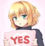 1girl :o alternate_costume blonde_hair blush gomi_(gomitin) green_eyes hair_intakes half_updo looking_at_viewer mizuhashi_parsee open_mouth ribbed_sweater short_hair solo sweater touhou turtleneck yes-no_pillow 