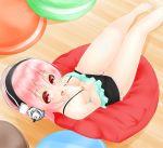  1girl bare_legs barefoot blush breasts cleavage commentary_request headphones large_breasts long_hair looking_at_viewer nitroplus noppi_(noppi_98) open_mouth pink_hair popsicle red_eyes solo super_sonico 