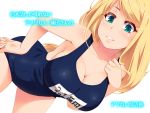  1girl aqua_eyes blonde_hair breasts cleavage grin hand_on_hip hayashi_custom large_breasts leaning_forward long_hair name_tag parted_lips school_swimsuit simple_background smile solo swimsuit text white_background 