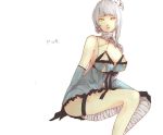  23_(kms23) bandages blue_dress breasts character_name detached_sleeves dress flower hair_flower hair_ornament kaine_(nier) large_breasts nier ribbon short_dress white_hair yellow_eyes 