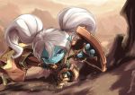  1girl armor blue_skin league_of_legends long_hair pointy_ears poppy shield tie_baihe twintails weapon white_hair yordle 