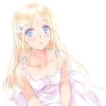  1girl blonde_hair blue_eyes blush dress flower hair_flower hair_ornament long_hair looking_at_viewer minyon original parted_lips simple_background solo white_background white_dress 