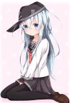  1girl blue_eyes hat hibiki_(kantai_collection) highres kantai_collection kyuupura long_hair pantyhose school_uniform serafuku silver_hair skirt 
