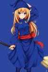  1girl blonde_hair blue_background blue_dress blue_eyes blue_legwear blush broom dress hand_on_headwear hat highres kitou_kaitai long_hair long_sleeves looking_at_viewer nightcap puyopuyo sash smile solo very_long_hair wide_sleeves witch witch_(puyopuyo) 