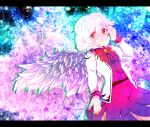  1girl bowtie dress feathered_wings jacket kishin_sagume multicolored_background red_eyes short_hair single_wing touhou white_hair wings yukimimi 