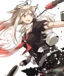  1girl blonde_hair chibirisu gloves hair_ornament hair_ribbon hairclip highres kantai_collection long_hair red_eyes remodel_(kantai_collection) ribbon school_uniform serafuku skirt smile torpedo yuudachi_(kantai_collection) 