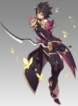  1boy black_hair black_pants black_shoes butterfly elsword full_body gloves grey_background male_focus pants pika_(kai9464) raven_(elsword) serious shoes solo spiky_hair sword weapon yellow_eyes 