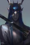  1boy bare_chest blue_hair character_request fan_ju fang forehead_jewel grin highres horns journey_to_the_west long_hair male_focus pointy_ears shade signature slit_pupils smile solo sword upper_body weapon yellow_eyes 