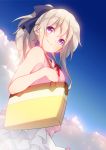  1girl bag blue_eyes casual charlotte_(anime) from_below highres long_hair mido_(mimizuku-hukuro) ponytail silver_hair smile tomori_nao 