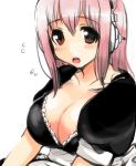  1girl alternate_costume apron blush breasts cleavage enmaided flying_sweatdrops frills headphones jinusunako large_breasts long_hair looking_at_viewer maid nitroplus open_mouth pink_hair red_eyes solo super_sonico 