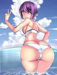  1girl ass back beeyan bikini blue_sky blush breasts clouds eyepatch highres in_water kantai_collection plump purple_hair short_hair sideboob sky smile solo swimsuit tenryuu_(kantai_collection) thick_thighs thighs v white_bikini white_swimsuit wide_hips yellow_eyes 