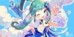  1girl altaria aqua_eyes aqua_hair detached_sleeves lucia_(pokemon) one_eye_closed pokemon pokemon_(creature) pokemon_(game) pokemon_oras solo welchino 