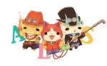  cat commentary_request copyright_name cosplay gloves goggles_on_hat hand_on_hip hat highres jewelry jibanyan kanacho koma-san komajirou monkey_d_luffy monkey_d_luffy_(cosplay) multiple_tails necklace no_humans notched_ear one_piece portgas_d_ace portgas_d_ace_(cosplay) sabo_(one_piece) sabo_(one_piece)_(cosplay) simple_background straw_hat tail top_hat two_tails white_background youkai youkai_watch 