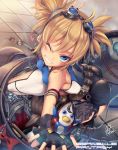  1girl animal_costume ass bare_shoulders belt blonde_hair blue_eyes bowtie cable fingerless_gloves from_above fukai_ryousuke gloves goggles goggles_on_head granblue_fantasy grin heart looking_at_viewer one_eye_closed outstretched_arm pengi_(granblue_fantasy) penguin_costume short_hair short_twintails smile solo sweat twintails utility_belt 